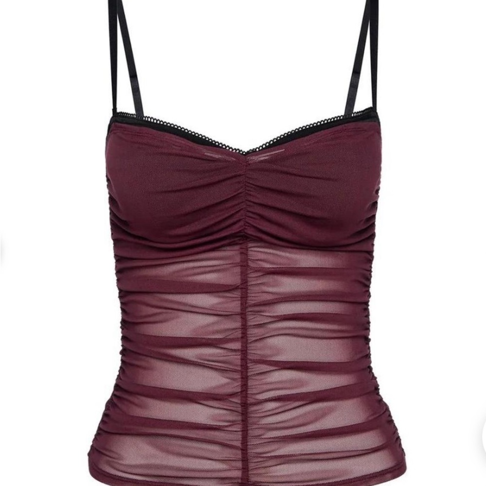 Miaou Renzo Mesh Rouched Top with Bra Maroon / Burgundy